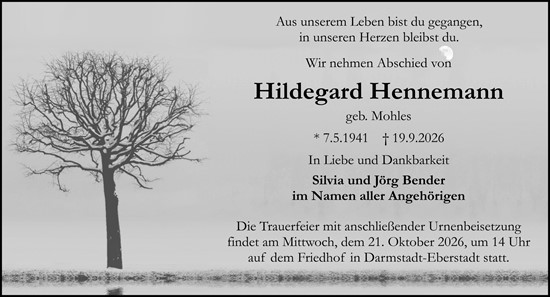 Traueranzeige von Hildegard Hennemann von Darmstädter Echo