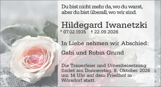 Traueranzeige von Hildegard Iwanetzki von Idsteiner Land/Untertaunus