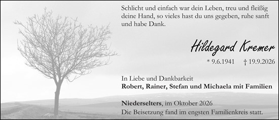 Traueranzeige von Hildegard Kremer von Camberger Anzeiger