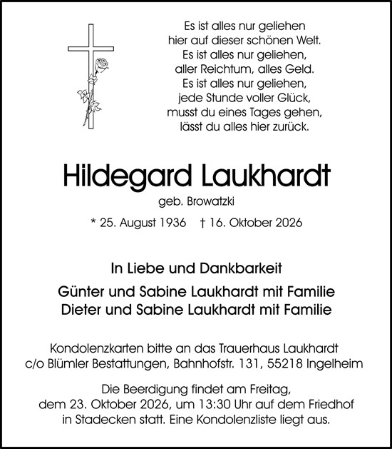 Traueranzeige von Hildegard Laukhardt von Allgemeine Zeitung Mainz
