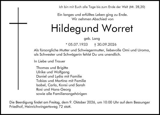 Traueranzeige von Hildegund Worret von Darmstädter Echo