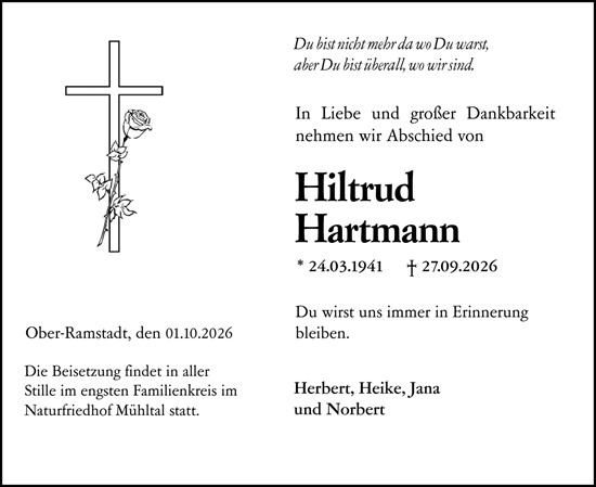 Traueranzeige von Hiltrud Hartmann von Darmstädter Echo
