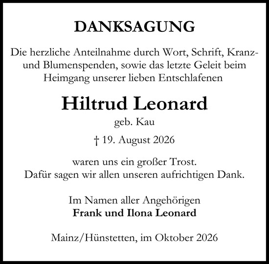 Traueranzeige von Hiltrud Leonard von Allgemeine Zeitung Mainz