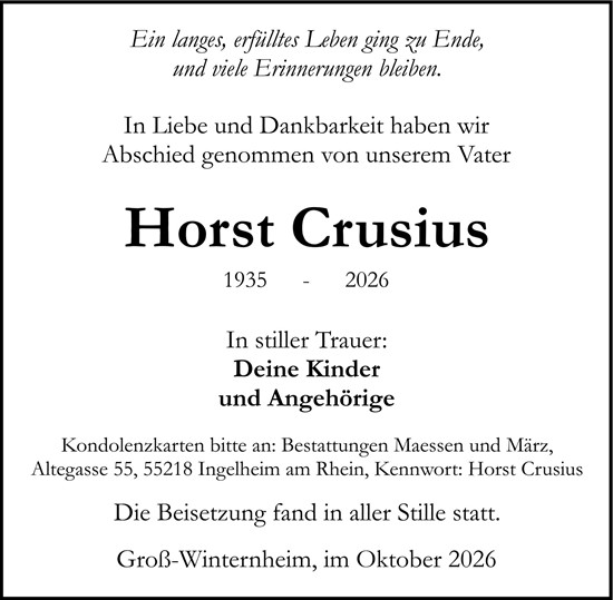 Traueranzeige von Horst Crusius von Allgemeine Zeitung Rheinhessen-Nahe