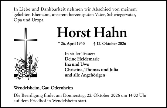 Traueranzeige von Horst Hahn von Allgemeine Zeitung Alzey