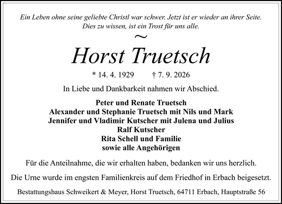 Traueranzeige von Horst Truetsch von Odenwälder Echo