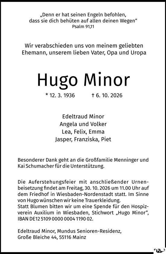 Traueranzeige von Hugo Minor von Allgemeine Zeitung Mainz