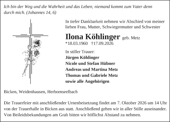 Traueranzeige von Ilona Köhlinger von Hinterländer Anzeiger