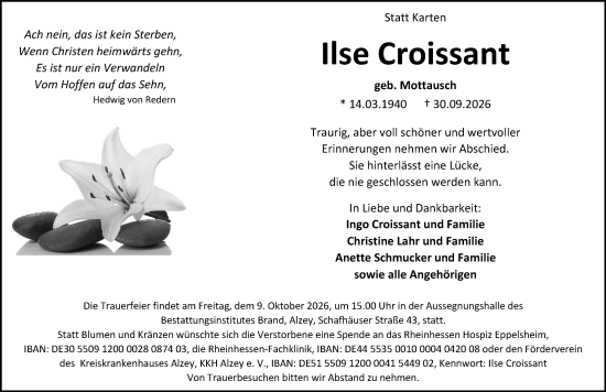 Traueranzeige von Ilse Croissant von Allgemeine Zeitung Rheinhessen-Nahe