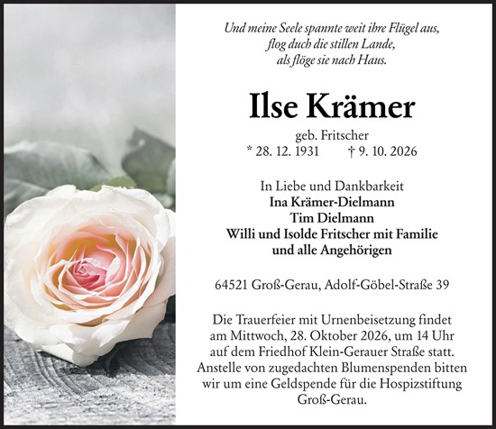 Traueranzeige von Ilse Krämer von Groß-Gerauer Echo