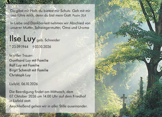 Traueranzeige von Ilse Luy von Hinterländer Anzeiger