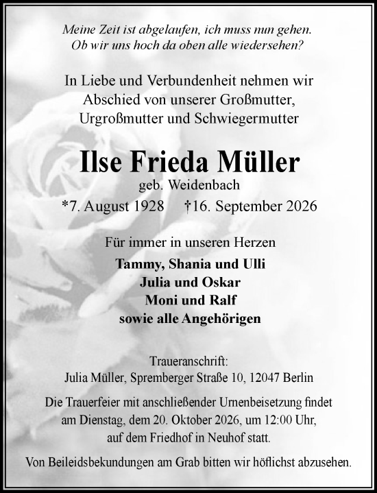 Traueranzeige von Ilse Frieda Müller von Rheingau-Taunus-Kreis Wochenblatt