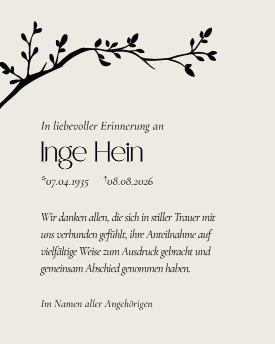 Traueranzeige von Inge Hein von Weilburger Tageblatt