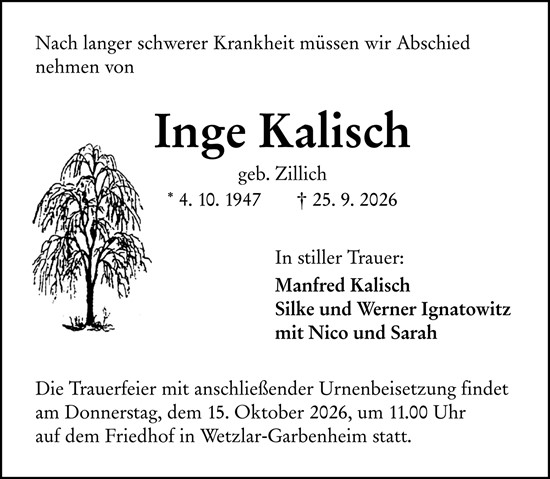 Traueranzeige von Inge Kalisch von Wetzlarer Neue Zeitung