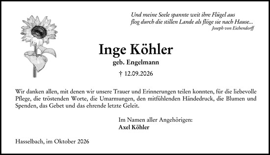 Traueranzeige von Inge Köhler von Weilburger Tageblatt