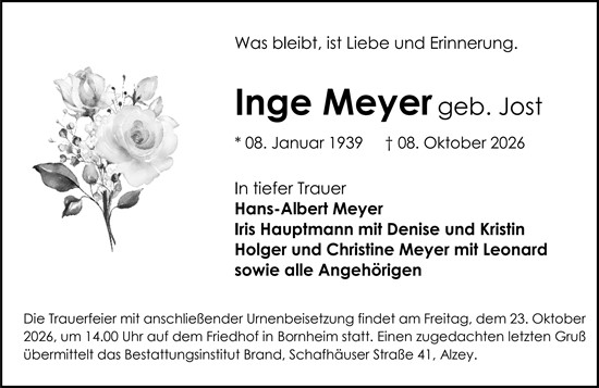 Traueranzeige von Inge Meyer von Allgemeine Zeitung Alzey
