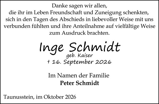 Traueranzeige von Inge Schmidt von Wiesbadener Kurier