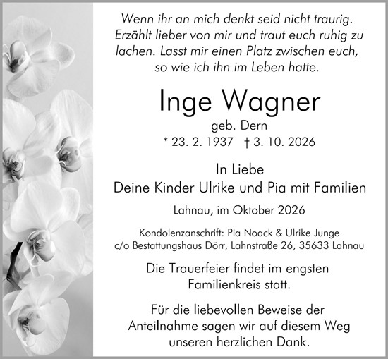 Traueranzeige von Inge Wagner von Wetzlarer Neue Zeitung
