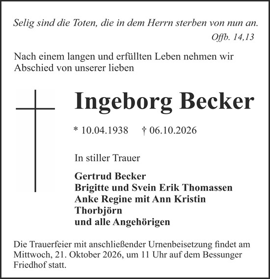 Traueranzeige von Ingeborg Becker von Darmstädter Echo
