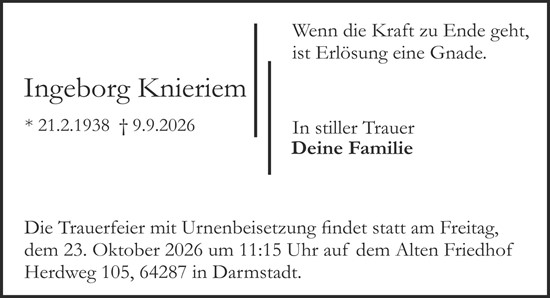 Traueranzeige von Ingeborg Knieriem von Darmstädter Echo