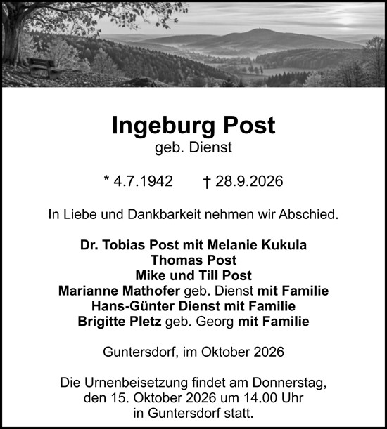 Traueranzeige von Ingeburg Post von Dill Block