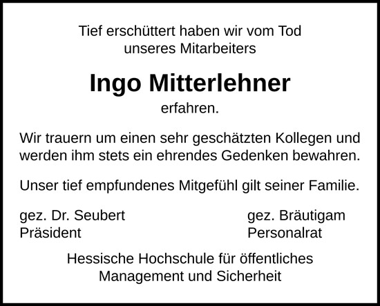 Traueranzeige von Ingo Mitterlehner von Wiesbadener Kurier