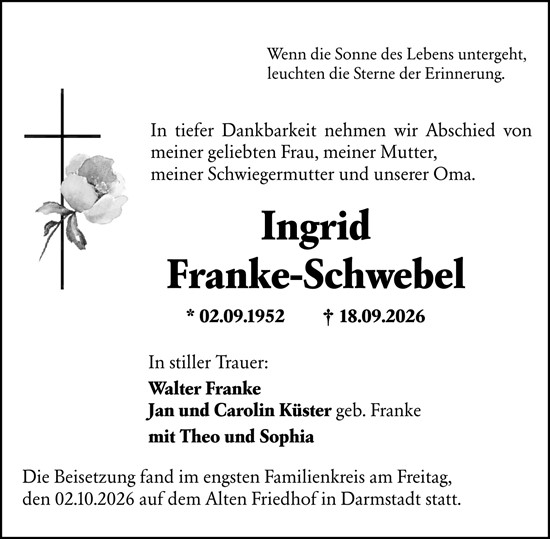 Traueranzeige von Ingrid Franke-Schwebel von Darmstädter Echo