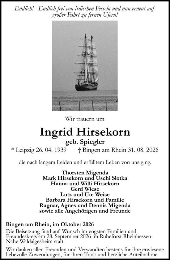 Traueranzeige von Ingrid Hirsekorn von Allgemeine Zeitung Rheinhessen-Nahe