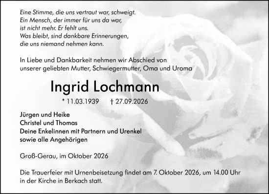 Traueranzeige von Ingrid Lochmann von Groß-Gerauer Echo
