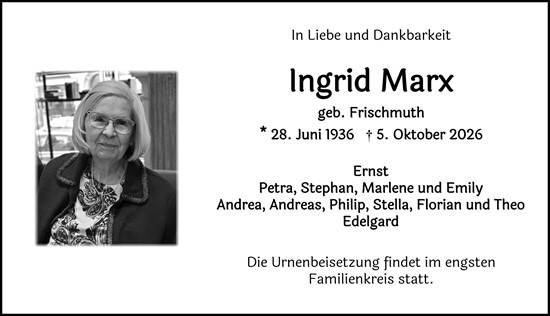 Traueranzeige von Ingrid Marx von Wiesbadener Kurier