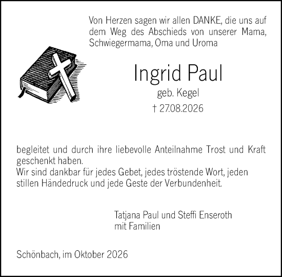 Traueranzeige von Ingrid Paul von Dill Block