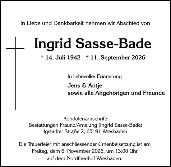 Traueranzeige von Ingrid Sasse-Bade von Wiesbadener Kurier