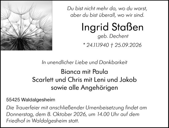 Traueranzeige von Ingrid Staßen von Binger-/Ingelheimer Wochenblatt
