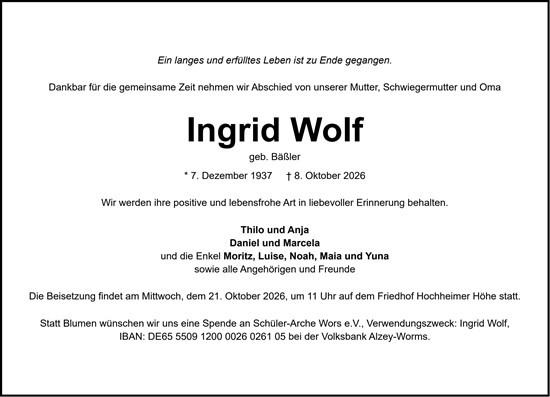 Traueranzeige von Ingrid Wolf von Wormser Zeitung