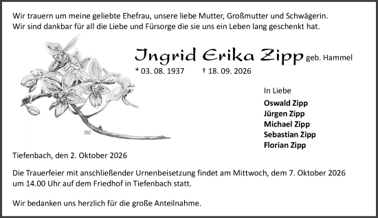 Traueranzeige von Ingrid Erika Zipp von Wetzlarer Neue Zeitung