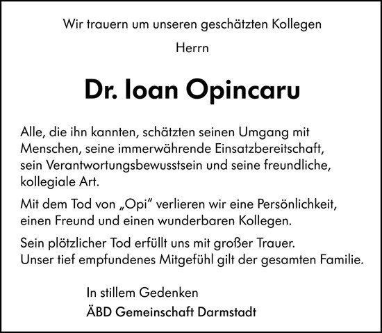 Traueranzeige von Ioan Opincaru von Darmstädter Echo