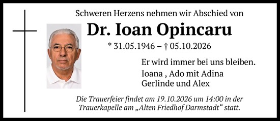 Traueranzeige von Ioan Opincaru von Darmstädter Echo