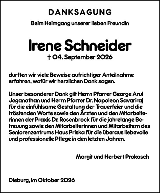 Traueranzeige von Irene Schneider von Dieburger Anzeiger/Groß-Zimmerner Lokal-Anzeiger