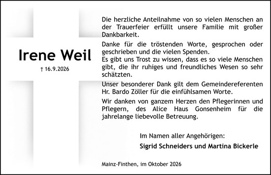 Traueranzeige von Irene Weil von Allgemeine Zeitung Mainz