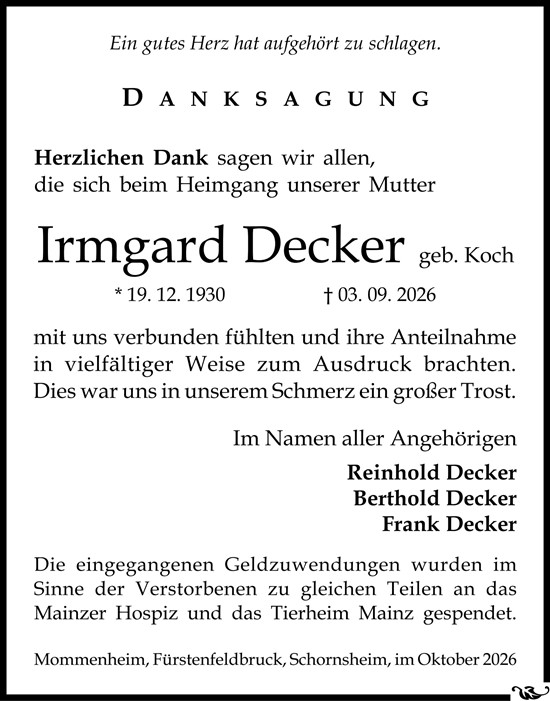 Traueranzeige von Irmgard Decker von Allgemeine Zeitung Mainz