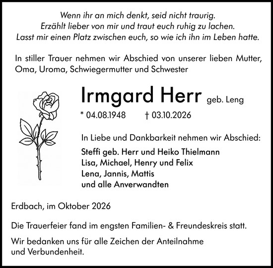 Traueranzeige von Irmgard Herr von Dill Block