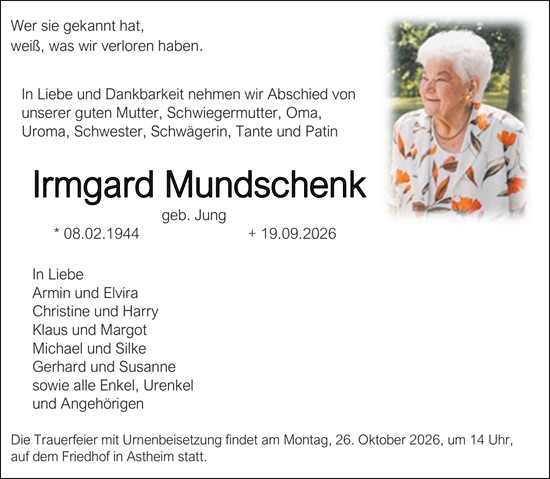 Traueranzeige von Irmgard Mundschenk von Rüsselsheimer Echo