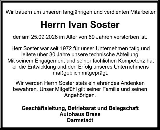 Traueranzeige von Ivan Soster von Darmstädter Echo