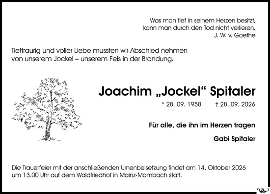 Traueranzeige von Joachim Spitaler von Allgemeine Zeitung Mainz