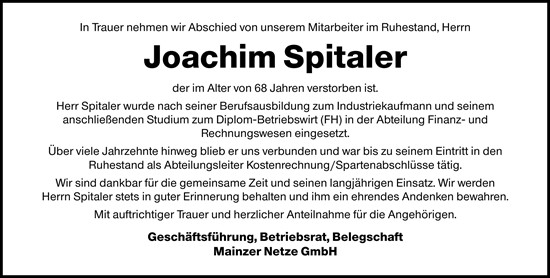 Traueranzeige von Joachim Spitaler von Allgemeine Zeitung Mainz