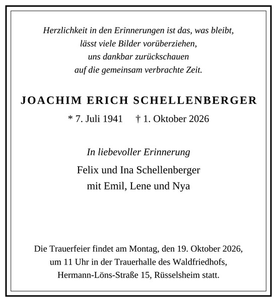 Traueranzeige von Joachim Erich Schellenberger von Rüsselsheimer Echo