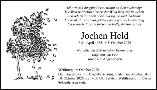 Traueranzeige von Jochen Held von Weilburger Tageblatt
