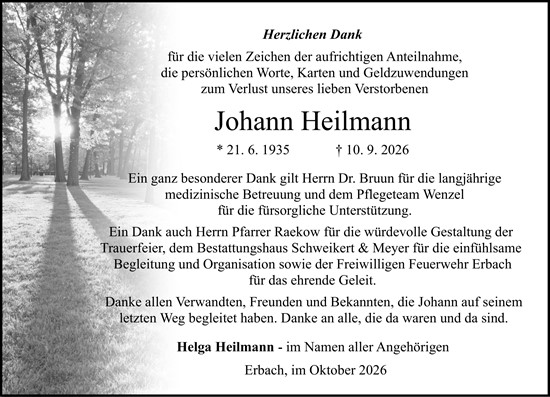 Traueranzeige von Johann Heilmann von Odenwälder Echo