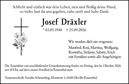 Traueranzeige von Josef Dräxler von Rheingau Kurier