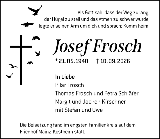 Traueranzeige von Josef Frosch von Allgemeine Zeitung Mainz